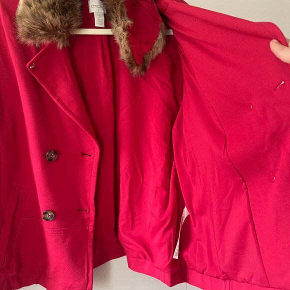 Chicos Sz L Faux Fur Red Pea Coat Jacket Cross Button Lined Long Sleeves - Picture 3 of 7